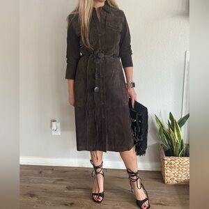Loft Vintage Y2K Brown Leather Suede Button Down Belted Dress Size 6